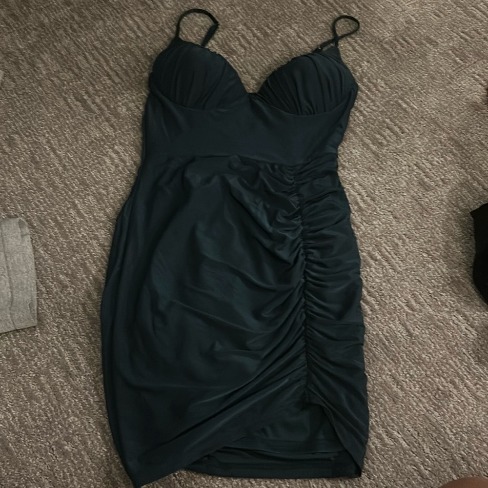 Dark Green Ruched Mini Dress